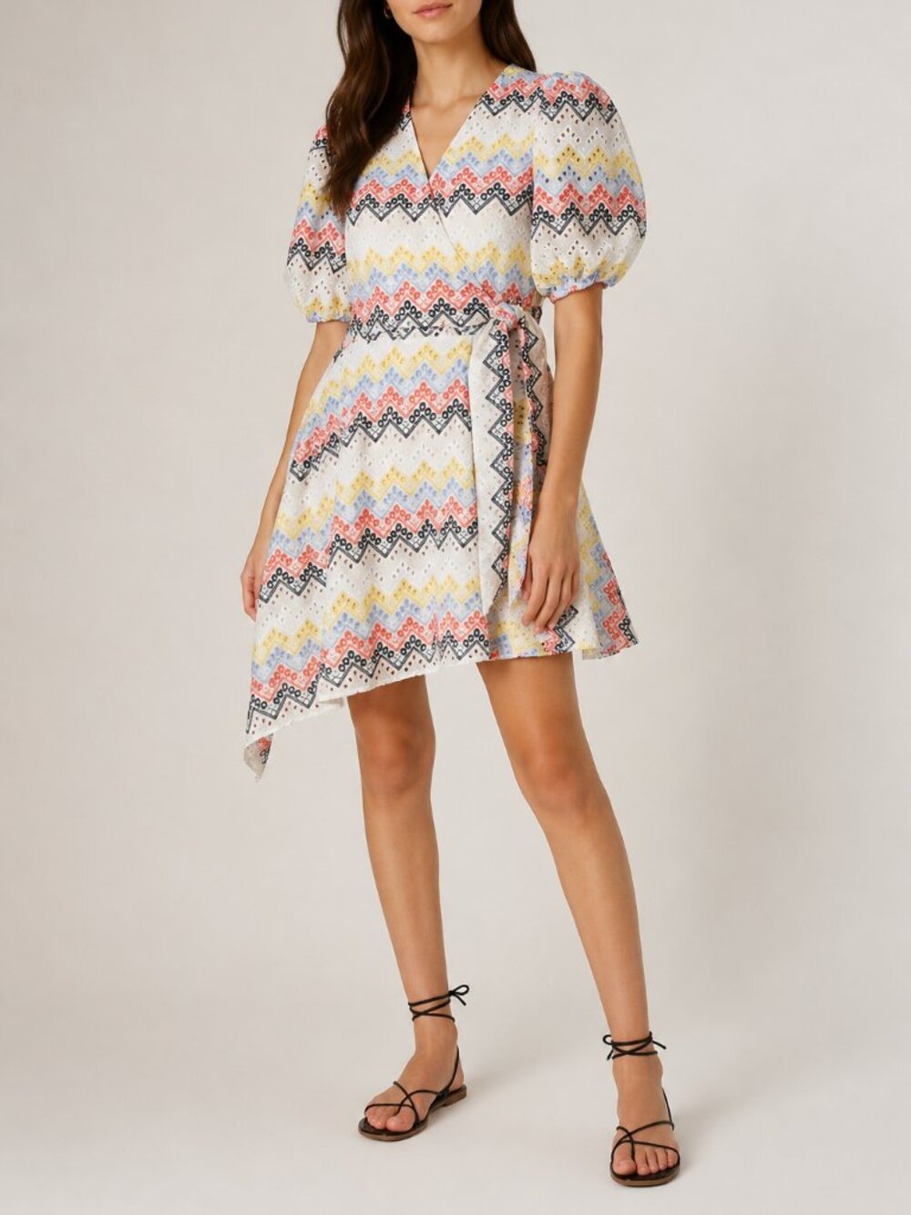 Eyelet Wrap Mini Dress Embroidered Zigzag Cotton Puff Sleeve N12H XS